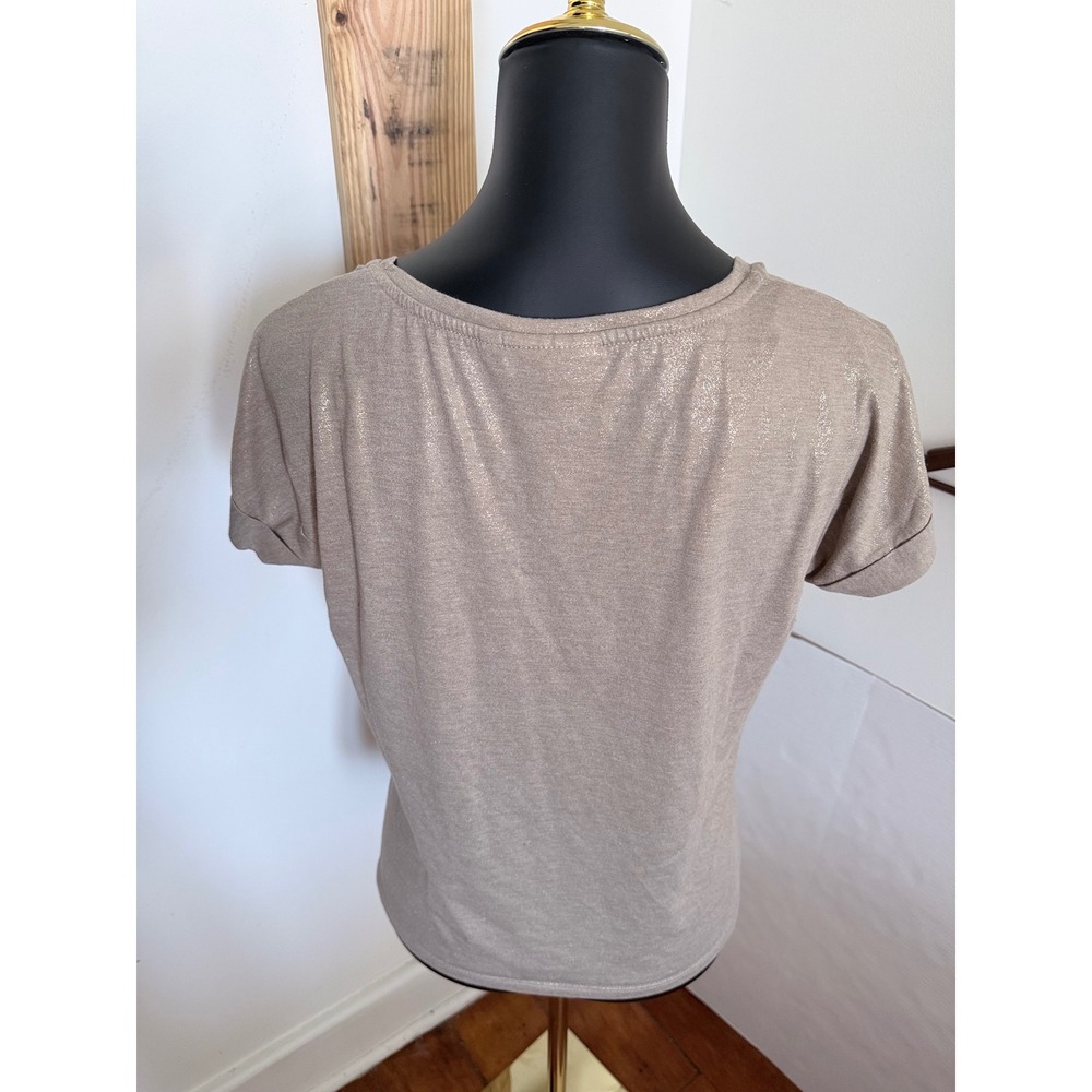 Patchington Shimmer Metallic Top Women Size Medium Taupe Gold Cuffed Sleeve D974 - Picture 4 of 6